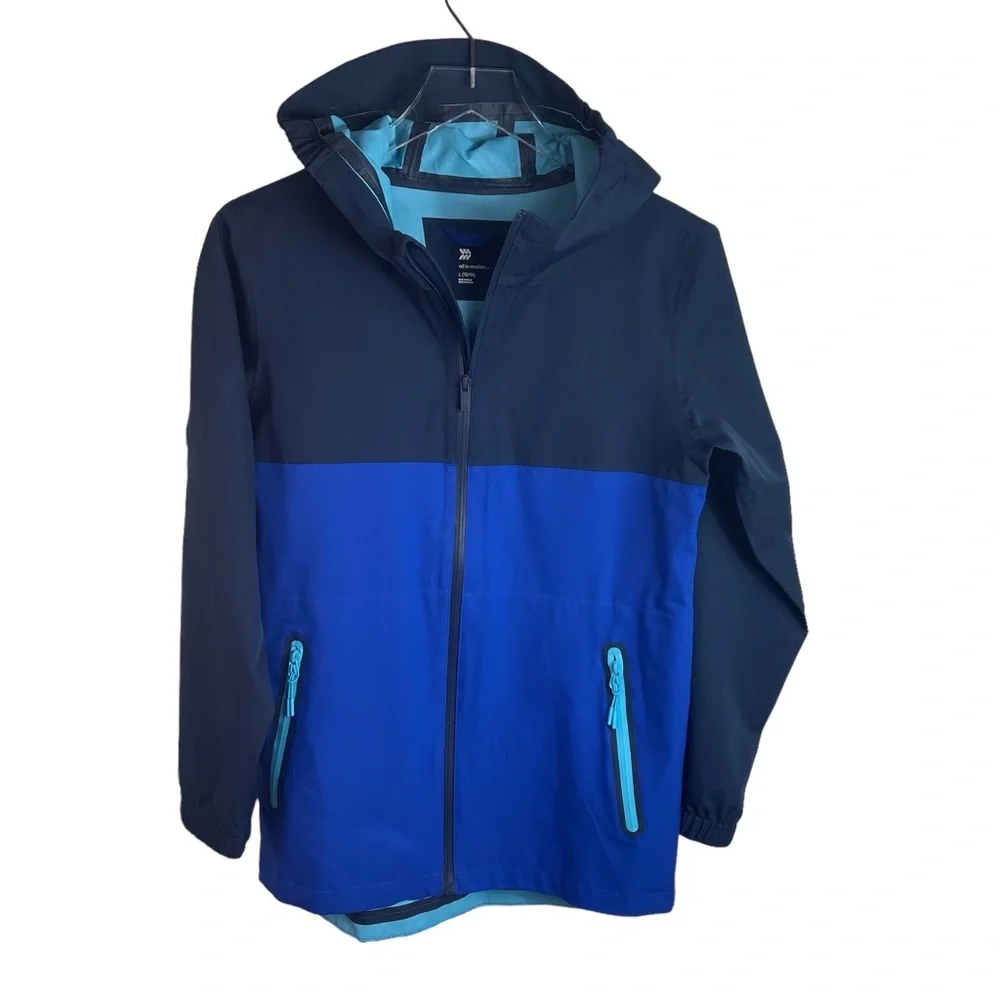 All In Motion Boy's Hooded Windbreaker Jacket Wind & Water Repellent Blue.